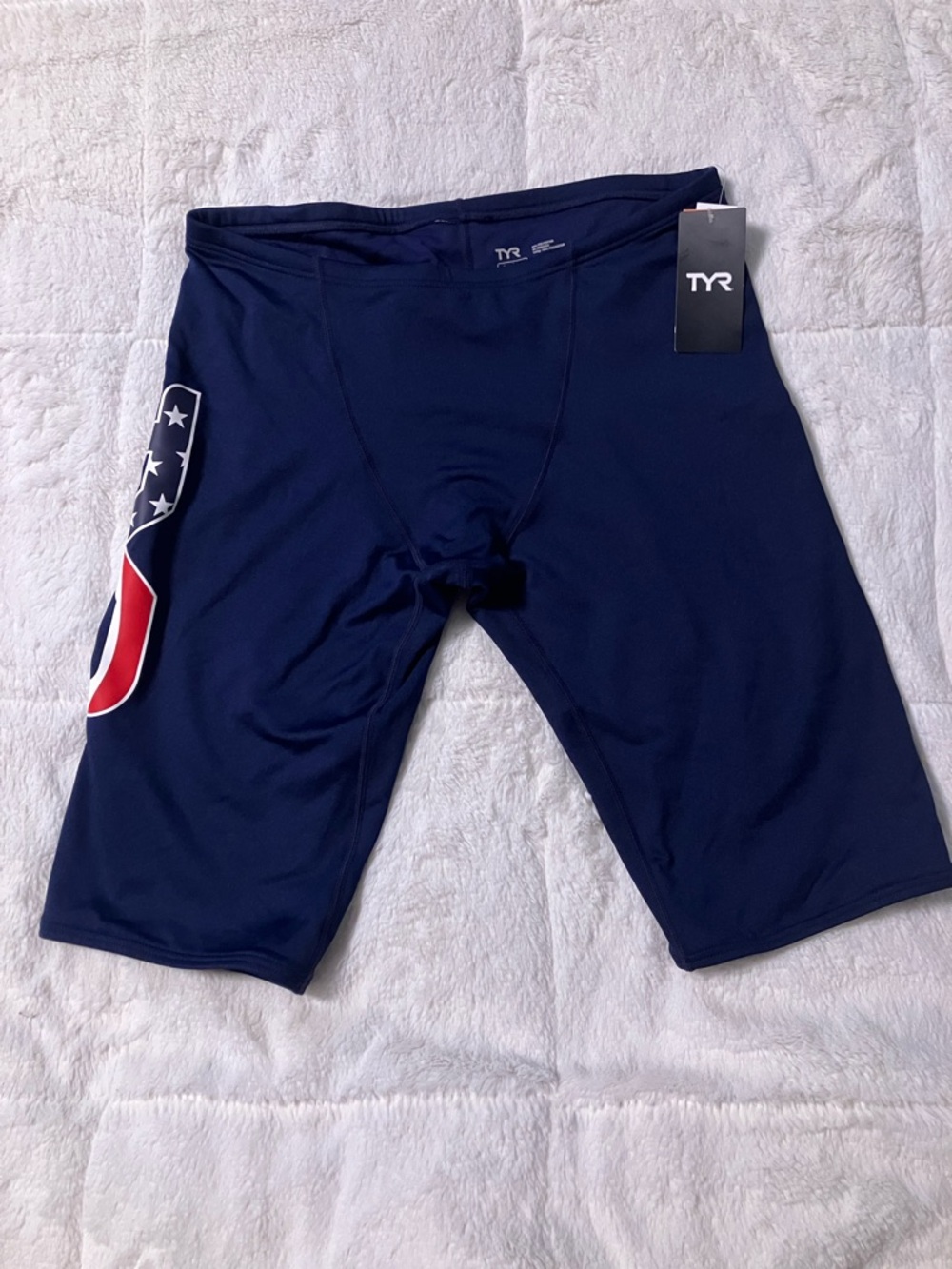TYR Navy Blue Men's Swim Jammers with Red and White Accent
